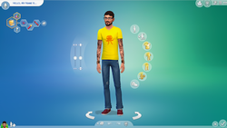 Screenshot of the "Create-a-Sim" function in The Sims 4. Controls pertaining to customizing the physical features, clothes and personality of the Sim are displayed.