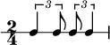 \new RhythmicStaff {
\clef percussion
\time 2/4
\set Score.tempoHideNote = ##t \tempo 4 = 100
\tuplet 3/2 { c4 c8 } \tuplet 3/2 { c8 c4 }
}