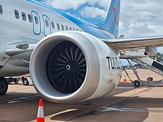 737 MAX with larger CFM LEAP engines, mounted even further ahead of the wing a nacelle with chevrons