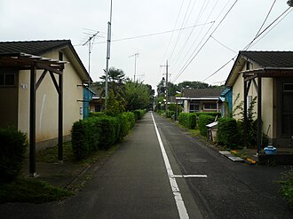 A road lined with small houses.