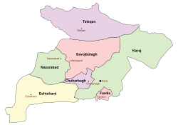 Location of Taleqan County in Alborz province (top, purple)