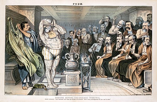Bernhard Gillam, Phryne Before the Chicago Tribunal, 1884. Gillam's parody of Gérôme's painting depicts the presidential candidate James G. Blaine as Phryne and Whitelaw Reid, the editor of the New York Tribune, as the orator Hypereides exposing his scandals.[118]