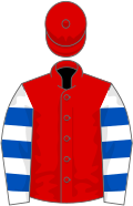 Red, white and royal blue hooped sleeves, red cap