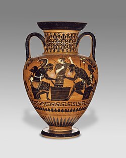 Achilles and Ajax playing a board game overseen by Athena, Attic black-figure neck amphora, c. 510 BC