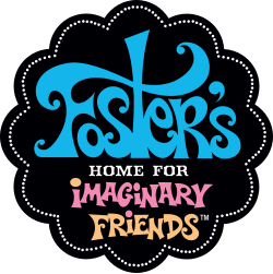 A black circle with curves and white dots sits beneath the series' logo, which uses light blue for "Foster's", light pink for "Imaginary", and light orange for "Friends"; "Home for" appears in white.