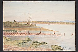 Watercolour of Thames River with dinghy tied to end of jetty by Ellen Cheeseman