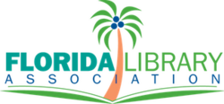A palm tree standing over what looks like a book with the words Florida Library Association across the middle