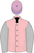 Pink, silver sleeves, mauve and pink hooped cap