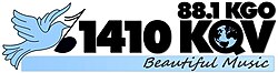 88.1 KGO 1410 KQV Beautiful Music logo with a blue dove carrying a music note on the left and a world map inside the Q