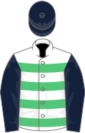 White, emerald green hoops, dark blue sleeves and cap