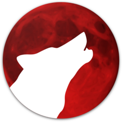Logo for the Red Moon software. It contains a red moon with a white silhouette of a howling wolf.