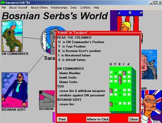 Screenshot illustrating the use of confrontation analysis Version 1 in a role play written by Professor Nigel Howard in a computer-aided role play depicting the Siege of Sarajevo