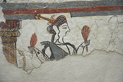 Painting of a woman with skin rendered in white, holding up two bundles of grain