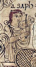 1025-1050, England. Asaph playing bowed lyre, detail from Winchcombe Psalter, Cambridge University Library, Ff.1.23, folio 4v