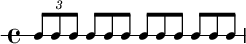  {
\new RhythmicStaff {
   \clef percussion
   \time 4/4
   \set Score.tempoHideNote = ##t \tempo 4 = 100
   \tuplet 3/2 { c8 c c } 
   \once \override TupletNumber.text = "" \tuplet 3/2 { c8 c c }
   \once \override TupletNumber.text = "" \tuplet 3/2 { c8 c c }
   \once \override TupletNumber.text = "" \tuplet 3/2 { c8 c c }
} }
