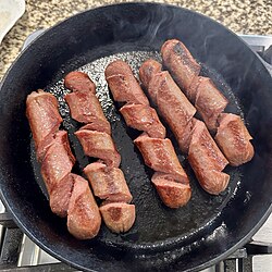 Spiral-sliced hot dogs