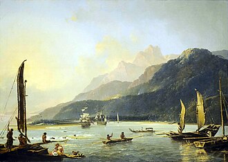 Two large wooden ships entering a bay near a tropical island, surrounded by several Tahitians in canoes