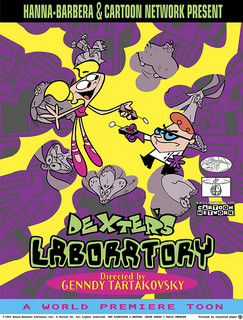 A young brother and sister pointing remote controls at each other set against a purple laboratory background featuring animals and yellow bolts of electricity.