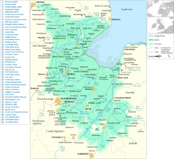 Map of the Fens within eastern England along with the major settlements, rivers and drains within it.[1]