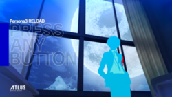 A screen capture of Persona 3 Reload's menu screen. It shows a classroom window in the middle of the night, with the window showing the moon up close. On the right, is the protagonist in his school uniform with his red shoulder guard, with his hands in his pockets. On the bottom left, is the Atlus logo in white, while on the top, is "Persona3 RELOAD" also in white. In between the two, is white outlined letters saying: "PRESS ANY BUTTON".