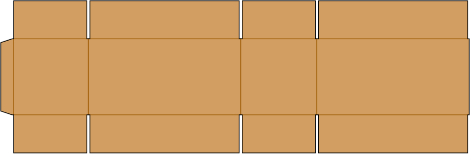 RSC blank showing score lines, slots, and manufacturer's joint at the leftmost edge