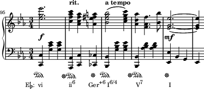 

    {
      #(set-global-staff-size 16)
      \new PianoStaff <<
        \new Staff <<
            \relative c'' {
                \set Score.currentBarNumber = #95
                \bar ""
                \clef treble \key es \major \time 3/4
                \override DynamicLineSpanner.staff-padding = #3
                <es g es'>2.\f
                <c f aes c>4^\markup { \raise #4 \bold "rit." } <aes c f aes> <a es' fis a>
                <bes es g bes>2(^\markup { \raise #4 \bold "a tempo" } <c es g c>4)
                <aes d aes'>4 <f aes f'>4. <bes bes'>8
                <es, g es'>2.~\mf
                <es g es'>4
                }
            >>
        \new Staff <<
            \override Staff.SustainPedalLineSpanner.staff-padding = #6.3
            \relative c, {
                \clef bass \key es \major \time 3/4
                <c c'>4\sustainOn_\markup { \lower #9.2 \concat { \translate #'(-4.8 . 0) { "E" \flat ":  vi" \hspace #9 "ii" \raise #1 \small "6" \hspace #4.5 "Ger" \raise #1 \small "+6" \hspace #0.5 "I" \raise #1 \small "6/4" \hspace #6.5 "V" \raise #1 \small "7" \hspace #9 "I" } } }
                    <g'' c es> <g c es>
                <aes,, aes'>\sustainOff\sustainOn <c c'> <ces ces'>\sustainOff
                <bes bes'>\sustainOn <g'' bes es> <g bes es>
                <bes,, bes'>\sustainOff\sustainOn <aes'' bes d> <aes bes d>
                <es, es'>\sustainOff bes' g
                es
                }
            >>
    >> }
