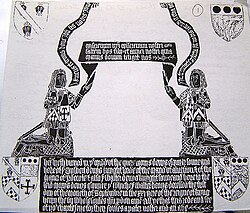Tabards displaying quartered coats of arms on front and sleeves: the Denys brass of 1505, Olveston, Gloucestershire