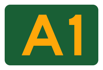 Alphanumeric route (used nationally); may also be coloured orange-on-blue for tollways in VIC and QLD.
