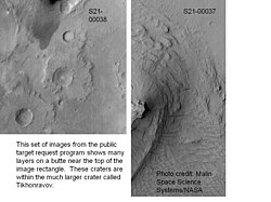 Pedestal craters and layers in Tikonravev Crater in Arabia, as seen by Mars Global Surveyor (MGS) with the Mars Orbiter Camera, under the MOC Public Targeting Program. Layers may form from volcanoes, the wind, or by deposition under water. Some researchers believe this crater once held a massive lake.