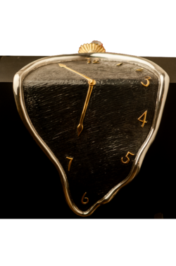 A silver melting clock with black background and golden clock hands.