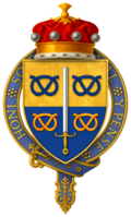 Arms of Lord Peach Per fess Or and Azure the Sword of Mercy erect pommel in base Proper between four Stafford Knots all counterchanged.