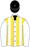 White, yellow stripes on body, black cap