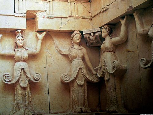 Ten female caryatids carved in high relief on the walls of the central chamber of the Thracian Tomb of Sveshtari, first quarter of the 3rd century BC, southwest of the village of Sveshtari, Razgrad Province, Bulgaria.