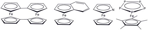Various ferrocene derivatives where cyclopentadienyl has been replaced by related ligands