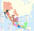 The approximate pre-contact distribution of native language families, with their presence in present-day Mexico and elsewhere