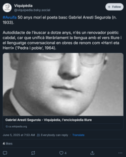 Screenshot of a Bluesky post by Catalan Wikipedia