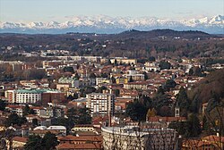 Rebbio as seen from the south with the Alps in the background