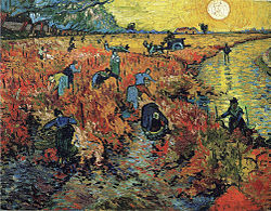 A vineyard with many people working picking fruit, while a very large and bright sun shines in the sky.