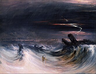 painting of a man staring at an awe-inspiring mountain landscape