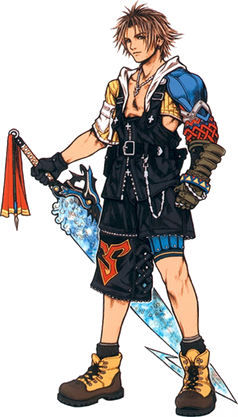 An illustration of a fictional character. He is a blond teenager wearing a uniform consisting of black gloves, black pants and yellow shoes, as well as a right yellow shoulder and a blue one on the left. He also wields a light blue long sword with his right hand.
