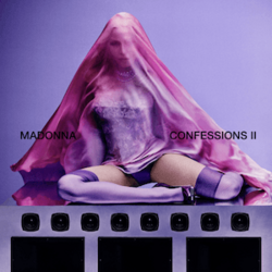 Madonna dressed in purple while wearing a transparent pink sheet over her body