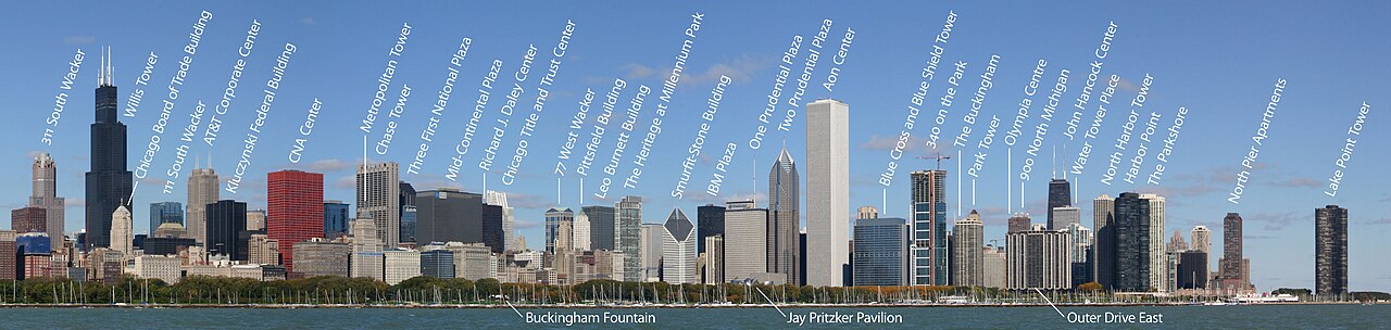 The skyline of a city with many large skyscrapers; in the foreground is a green park and a lake with many sailboats moored on it. Over 30 of the skyscrapers and some park features are labeled.