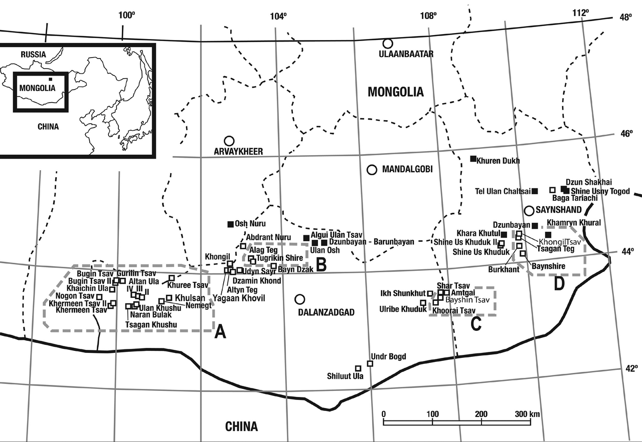 Cretaceous-aged dinosaur fossil localities of Mongolia.PNG