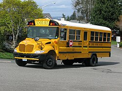 A distinctive yellow-orange bus is parked on the edge of a country road in front of a background of leafy trees.
