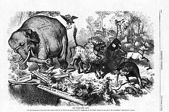 An 1874 cartoon by Thomas Nast, featuring the first notable appearance of the Republican elephant[88]