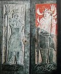 Two guardian deities of an ancient Chinese tomb, both holding tridents