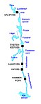 A map of the Kragerø watershed estuary, showing the names of the numerous bodies of water. The black squares represent power plants on the river.