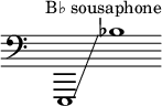 {
\new Staff \with { \omit Score.TimeSignature }
\clef bass \key c \major
\cadenzaOn \omit Stem
s4 ^ \markup "B♭ sousaphone"
e,,1 \glissando bes
}