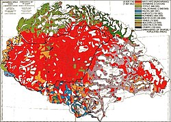 The "Red Map",[135] based on the 1910 census. Regions with population density below 20 persons/km2 (52 persons/sq mi)[136] are left blank and the corresponding population is represented in the nearest region with population density above that limit. Red colour to mark Hungarians and light purple colour to mark Romanians.