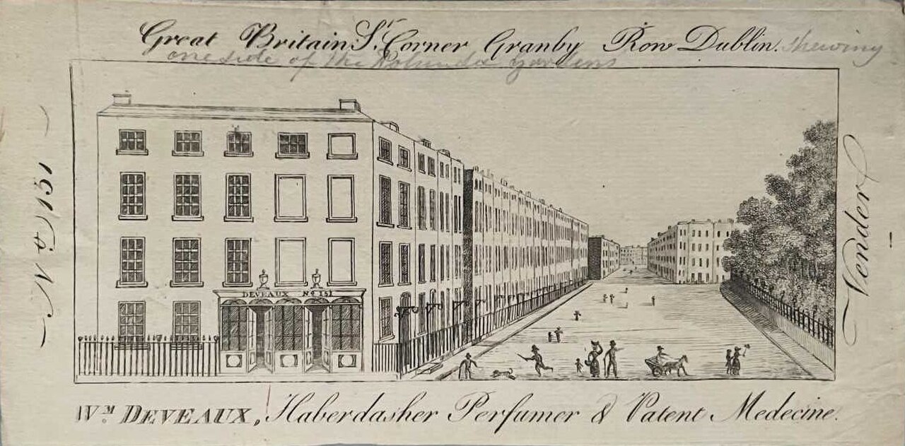 Trade card from 1700s. Showing the corner of Rutland Square (modern Parnell Square) and Great Britain Street (Parnell Street), Dublin.jpg